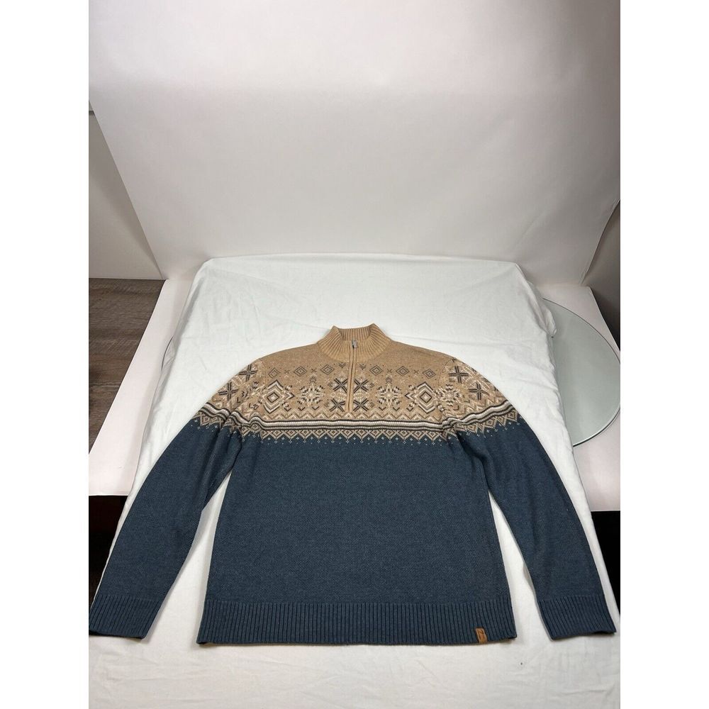 Neve‎ Nordic Fair Isle Men's 1/4 Zip Mock Neck Pullover Sweater Brown/Blue Large